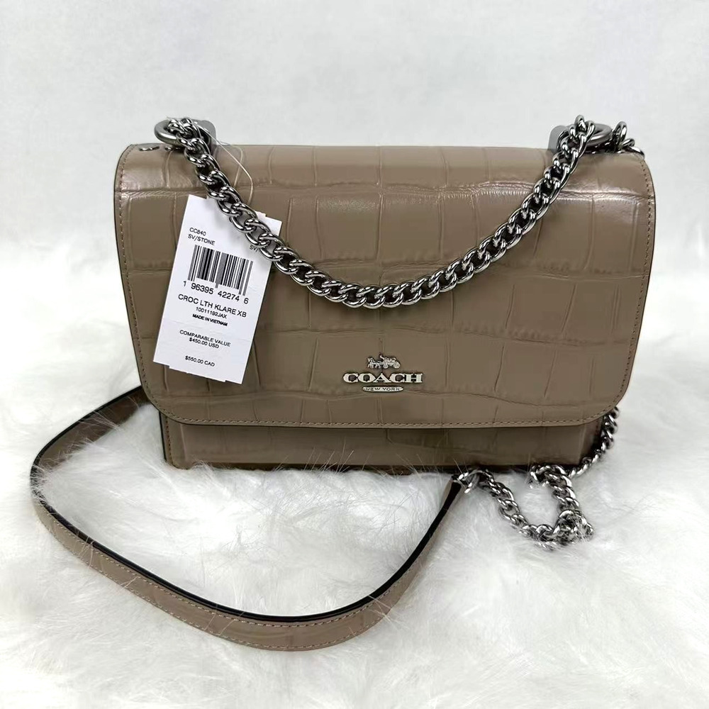 Coach Klare Crossbody Bag CC840 Crocodile-embossed Leather Silver /Stone NWT